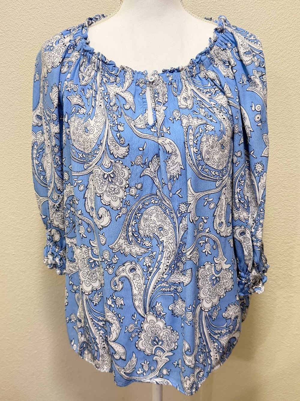 Talbots blue paisley print blouse, 3/4 sleeves, size small